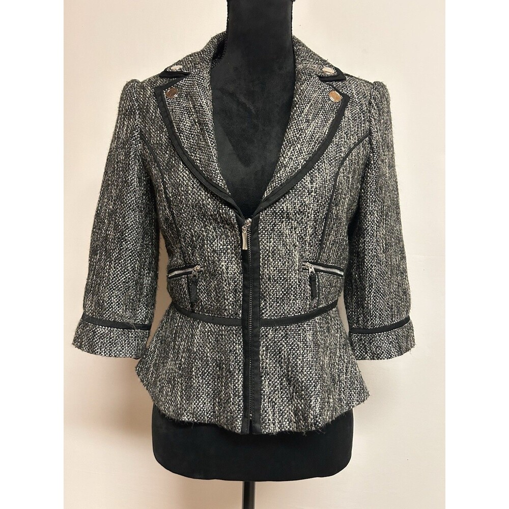 White House Black Market Womens Sz 6 Tweed Blazer 3/4 Sleeve Zipper Career